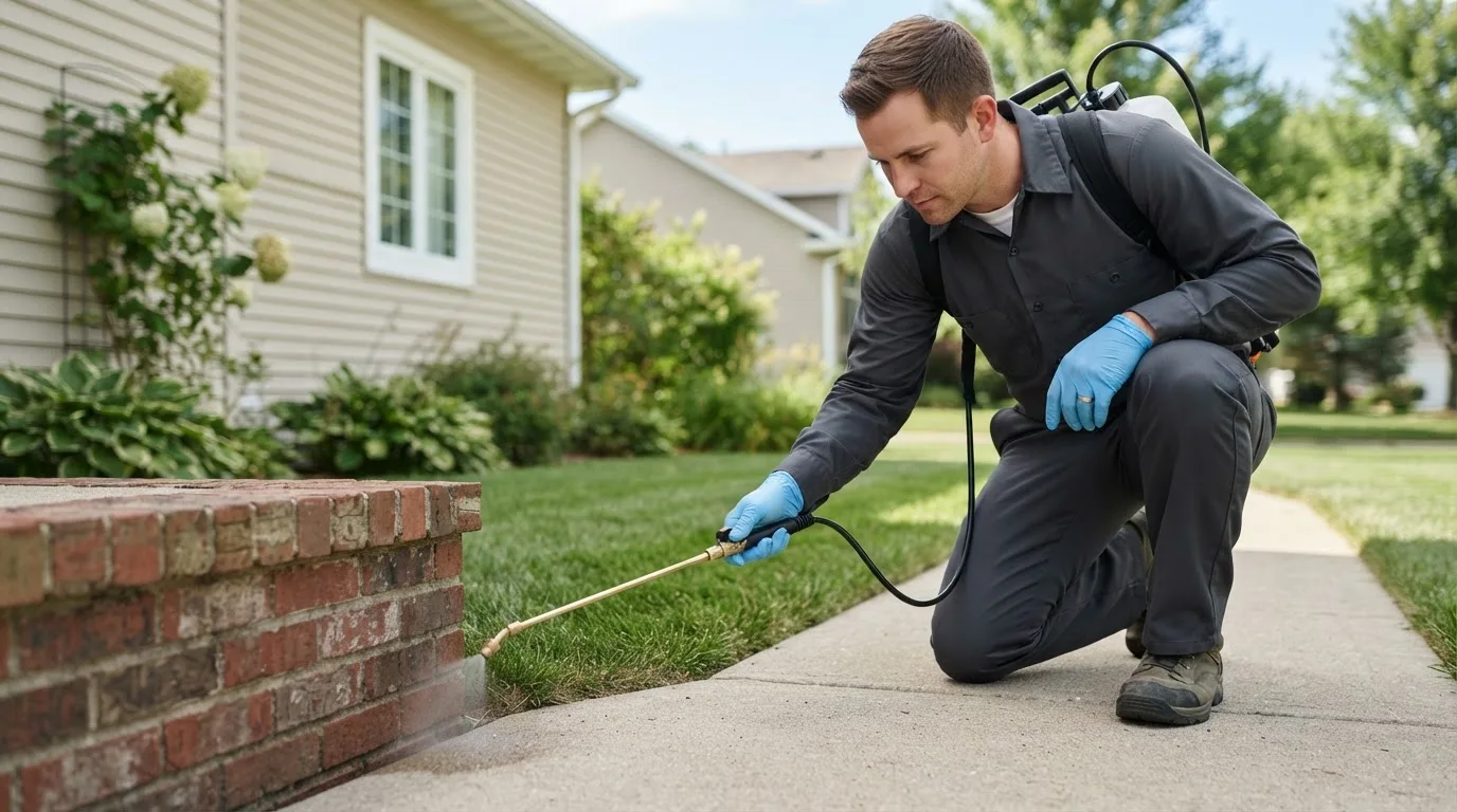Pest control technician treating a home near Waynesville, MO